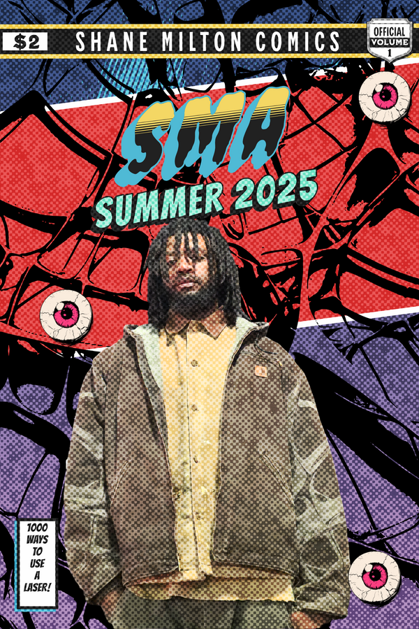 An image of a comic book cover with spiderweb graphic and a man in a jacket.